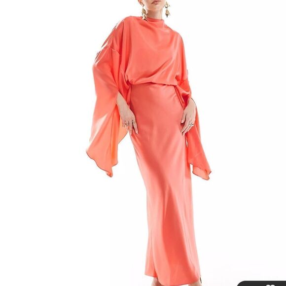 ASOS DESIGN satin overlay detail maxi dress‎ in coral Size 8 NWT in packaging - Picture 2 of 7